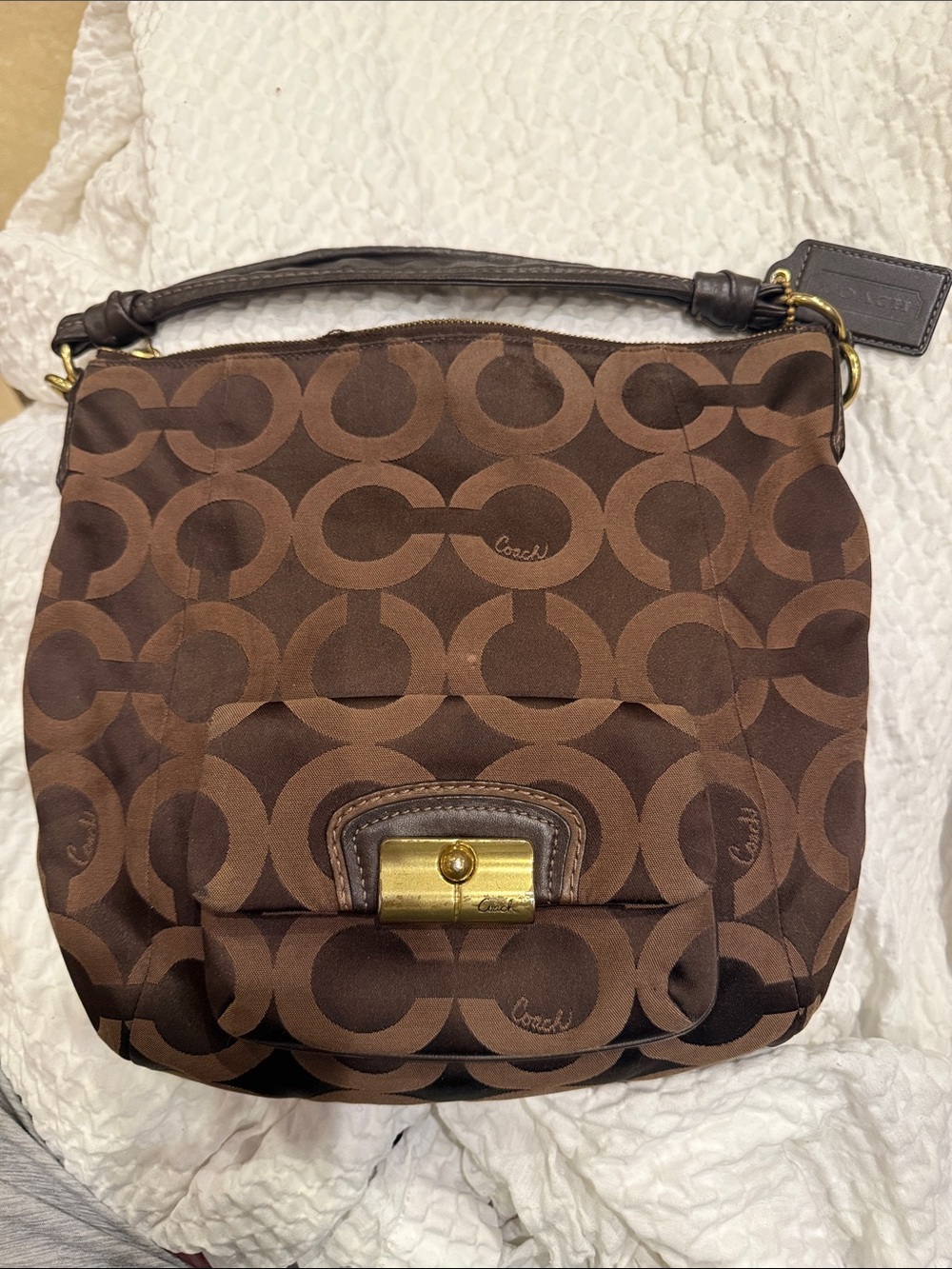 Vintage Coach Brown Signature Canvas Shoulder Bag with Gold-Tone Hardware